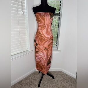 SHEIN Strapless Dress in Pink and Brown Swirl